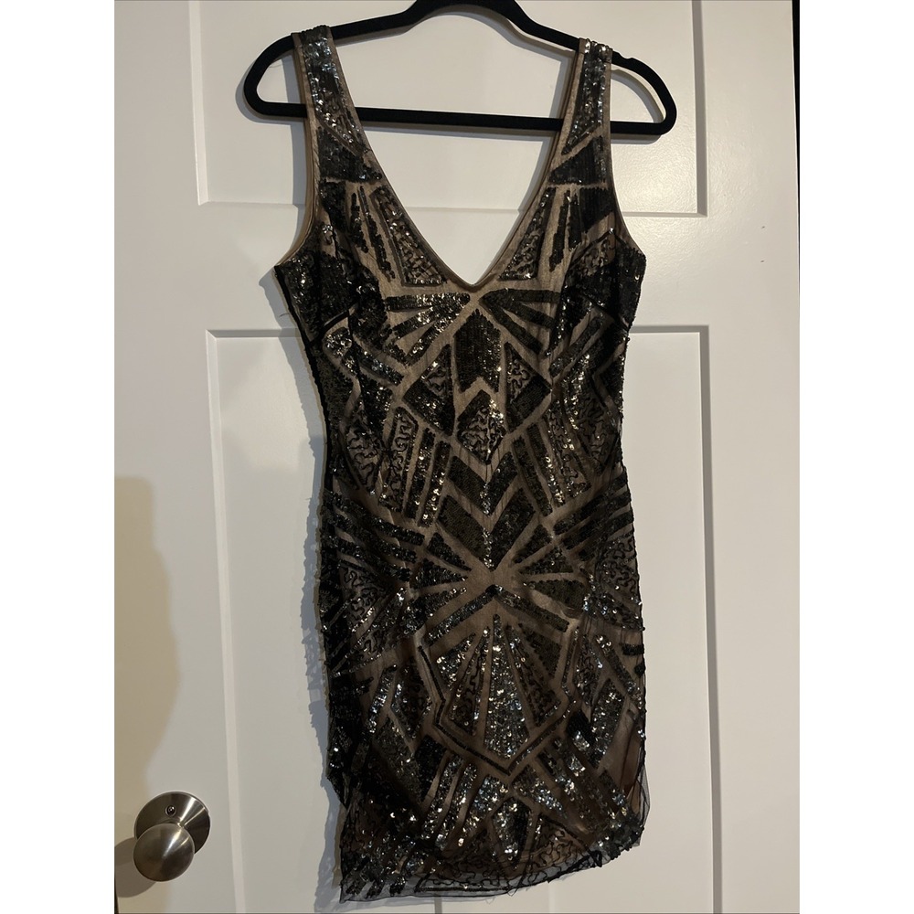 Bebe Special Edition Hand Beaded Dress Women's Size 8 Black Gold Shiny Bebe Dres